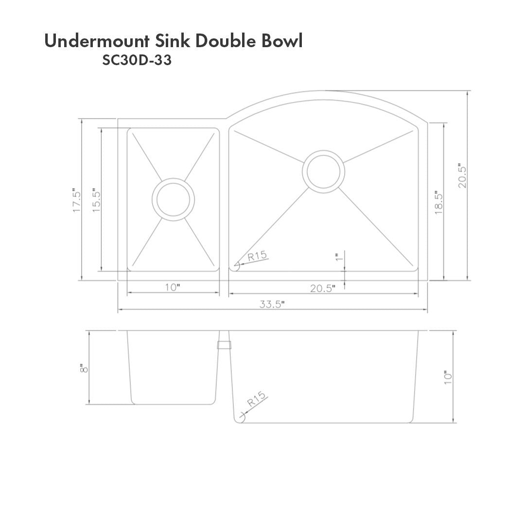 ZLINE 33 in. Aspen Undermount Double Bowl Kitchen Sink with Bottom Grid (SC30D-33)